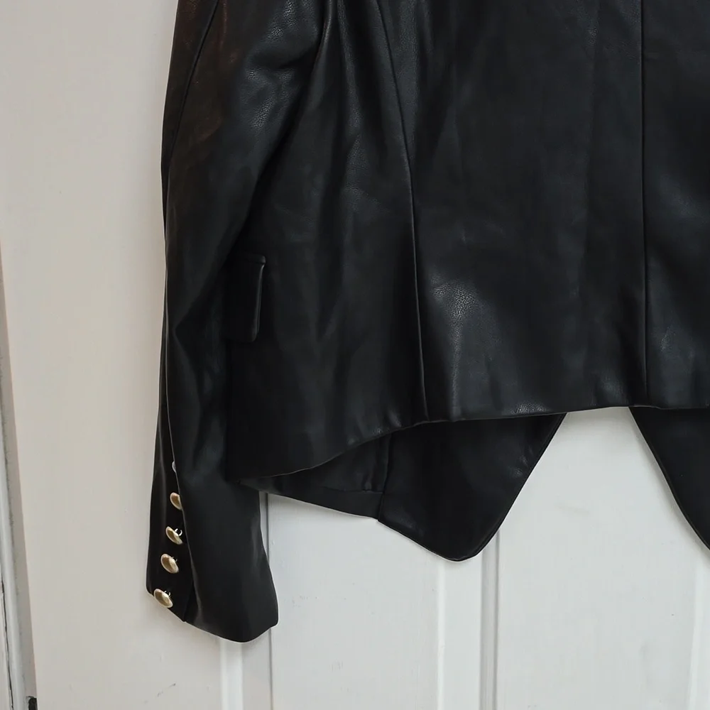 AVEC LES FILLES Double Breasted Faux Leather Blazer In Black